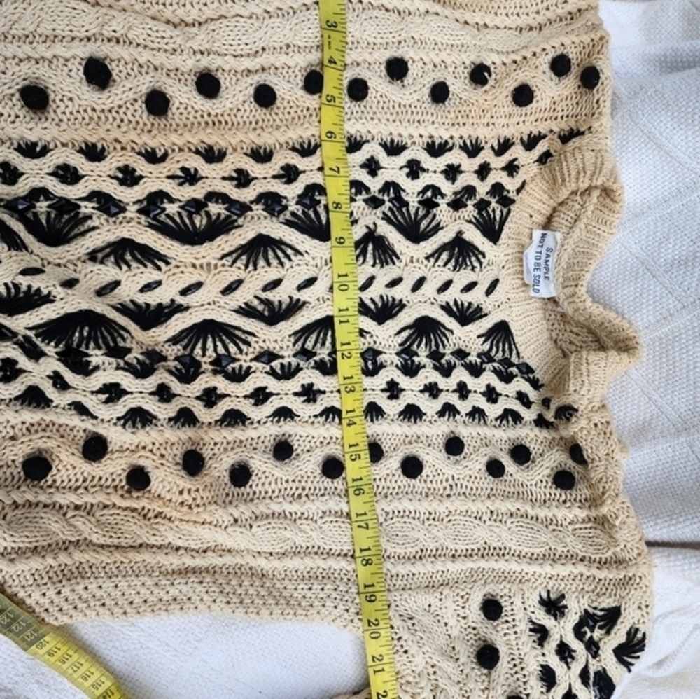 Vintage Cotton Ramie Popcorn Cable Knit Sweater Black Cream M/L - Picture 9 of 16